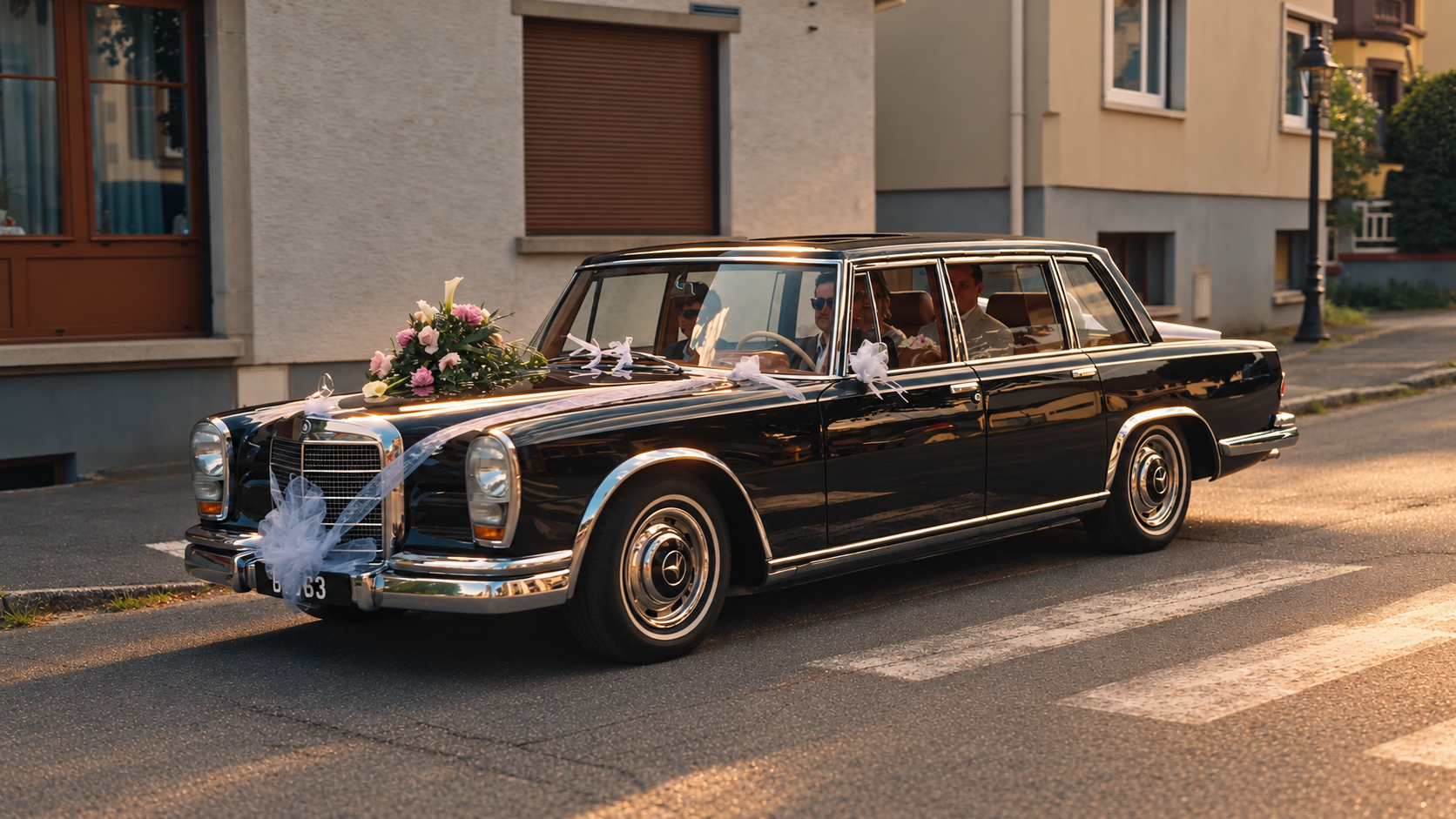 Mercedes vintage décorée de fleurs et de rubans pour le mariage