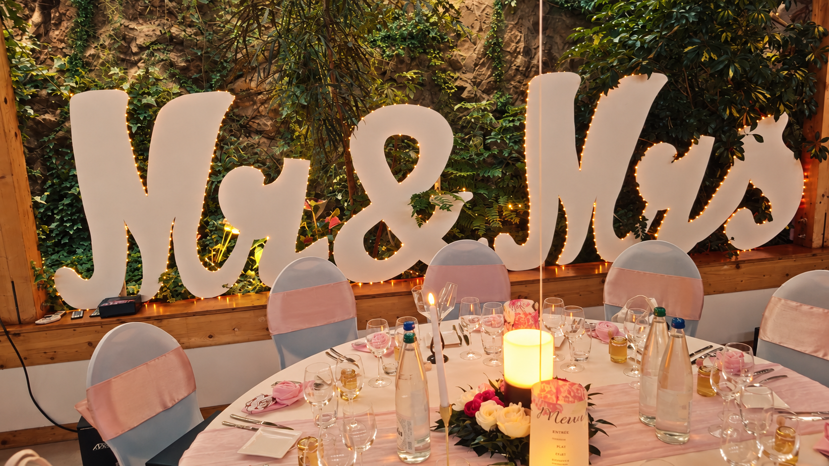 Table de mariage décorée de fleurs et lettres lumineuses Mr & Mrs
